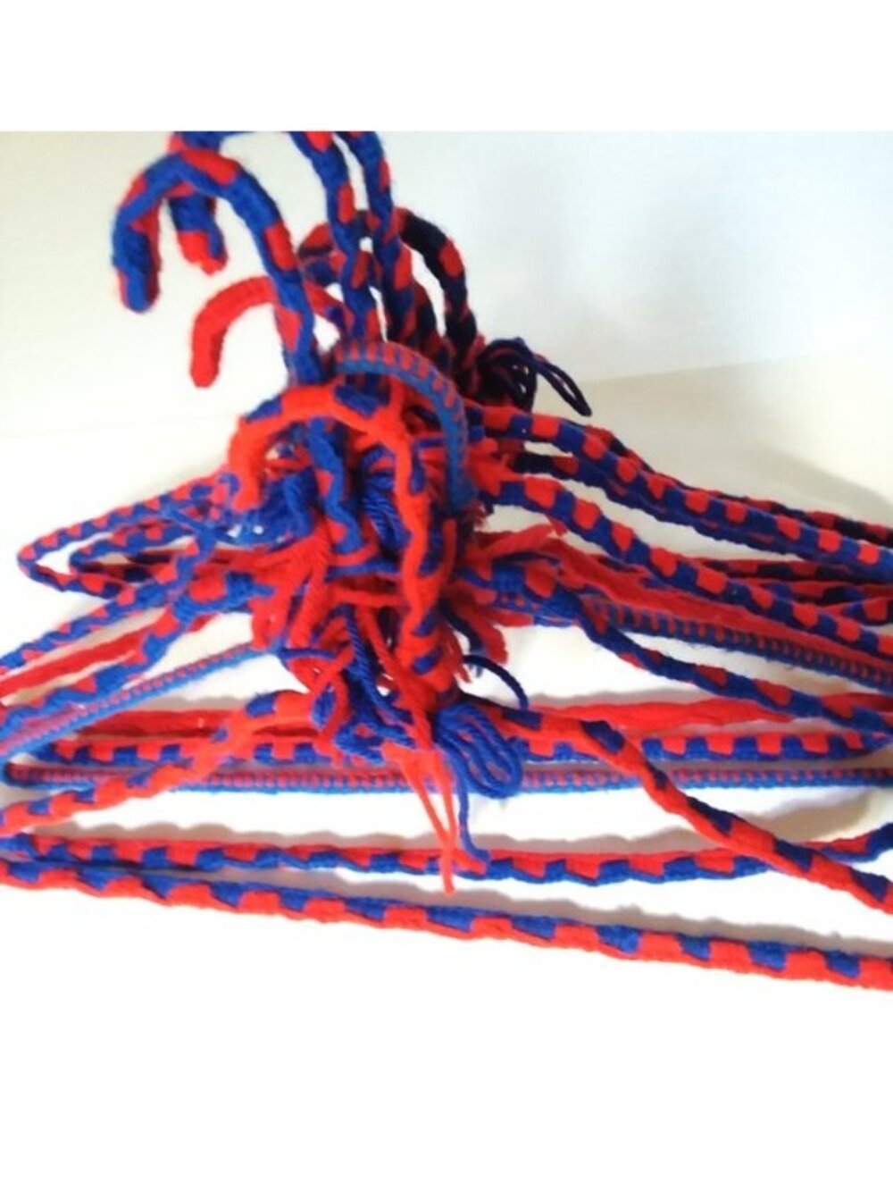 Crocheted Hangers 8 VTG 70s Pom Poms Handmade Metal Boho Retro Granny Knit